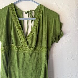 Maurices Y2k Green V Neck Tie BackTop Women's Size L Boho Forest Fairy